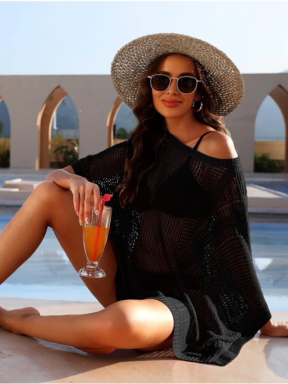 Black Jollybee Crochet Open Knit Swimsuit Coverup Oversized Top Size L
